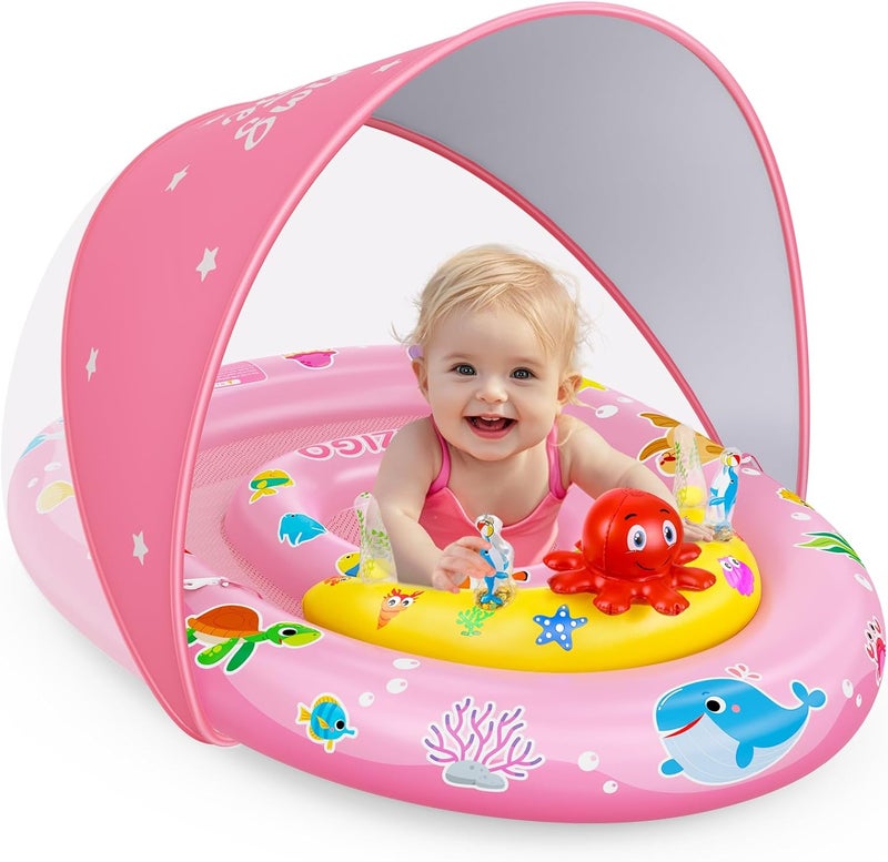 EZIGO Baby Pool Float with Canopy UPF50+ Sun Protection, Inflatable Kids Pool Floats with Ocean Animal Toys for Baby 6-36 Months, Infant Swimming Float with Adjustable Safety Seat for Boys Girls - Image 1